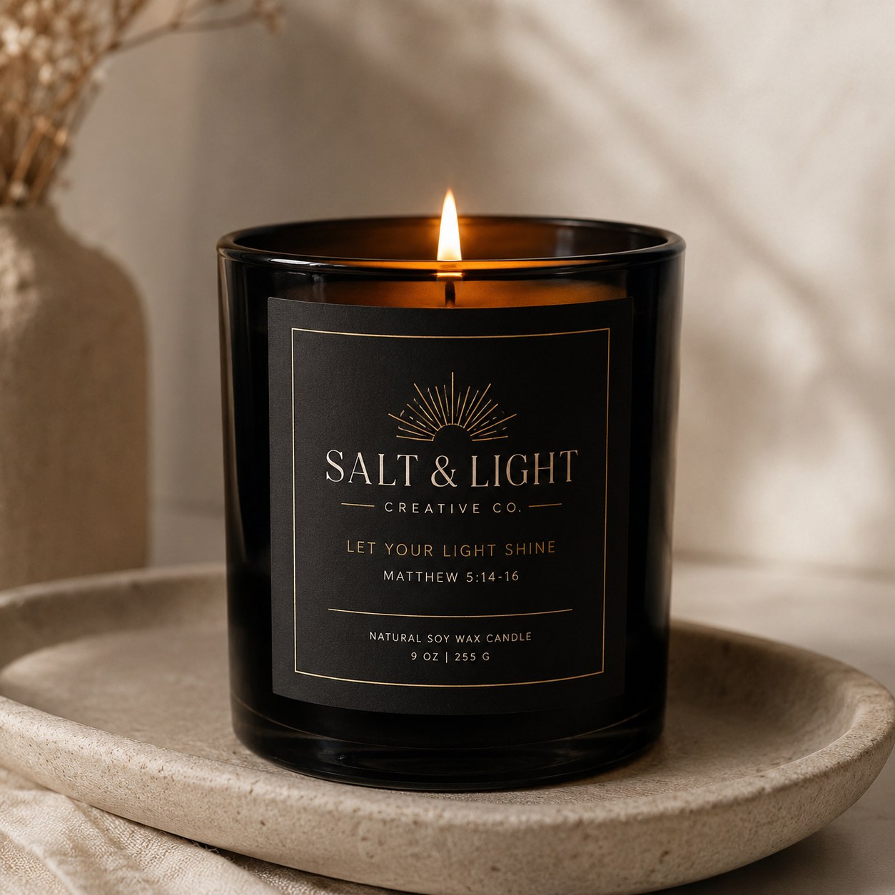 Salt and Light branded candle product mockup