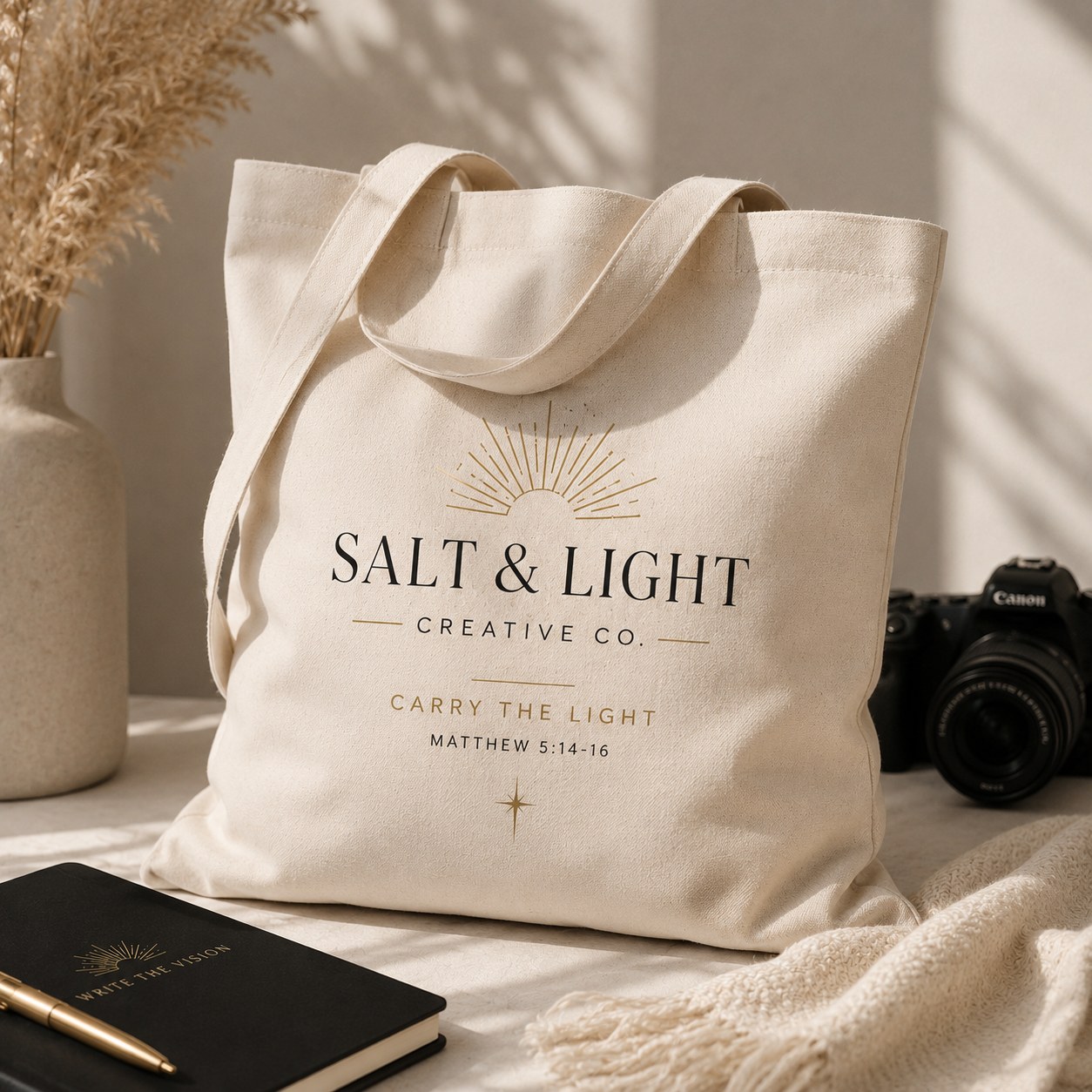 Salt and Light branded tote bag product mockup